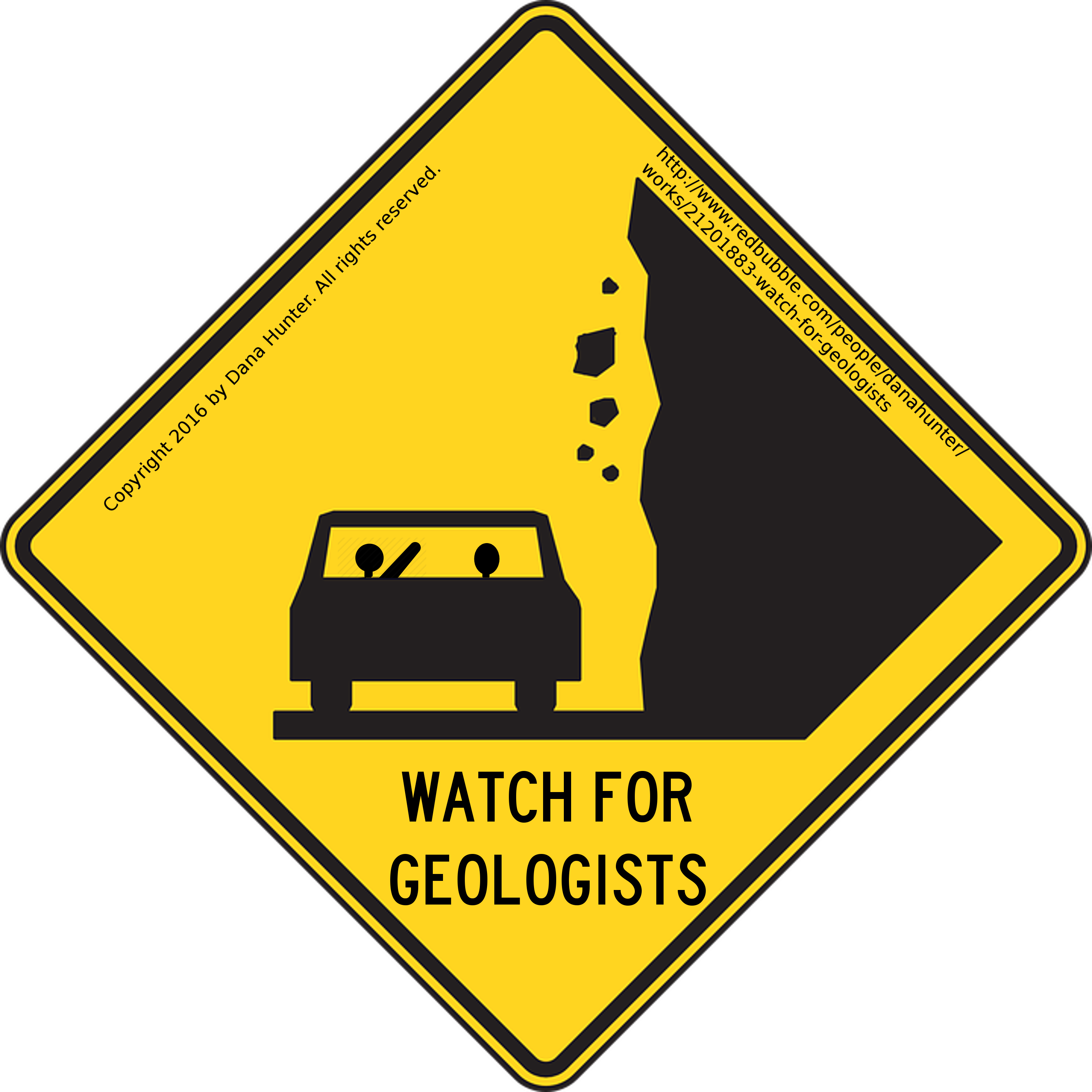 Image Is A Yellow Caution Sign With A Car Beside A - Falling Rocks Sign Png (3000x3000)