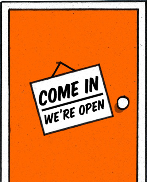A Cartoon Door With A Note Saying Come On It, We're - Off The Record (1145x660)