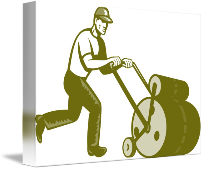 Gardener Landscaper Pushing Lawn R Oval Car Magnet (650x542)