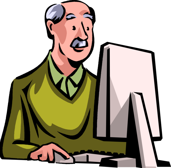 Vector Illustration Of Retired Elderly Senior Citizen - Computer Class Clipart (713x700)