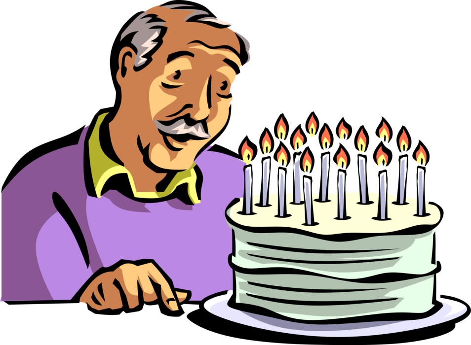 Vector Illustration Of Retired Elderly Senior Citizen - Blowing Out Birthday Candles Clipart (954x700)