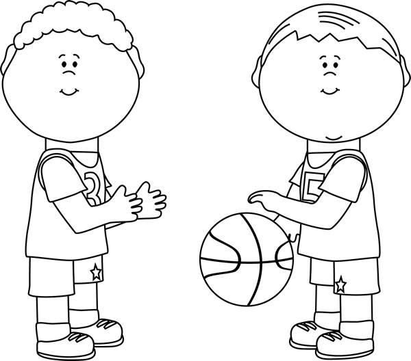 Black And White Boys Playing Basketball Clip Art - Two Boys Playing Clipart Black And White (600x528)