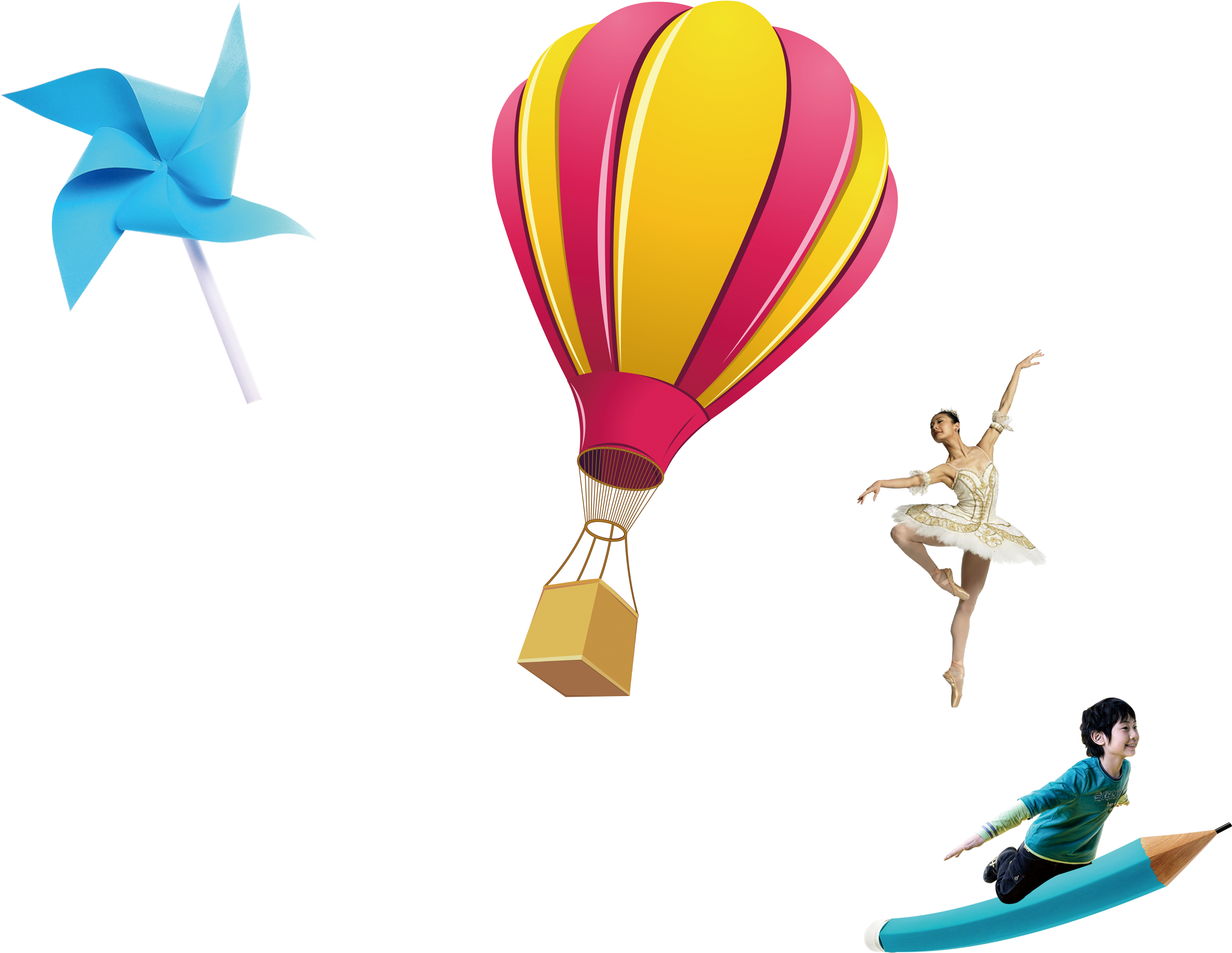 Cartoon Hot Air Balloon Rides Windmill Pencil And Child - Bittoo Ruled Line Soft Cover Writing Notebook 104 Pages-pack (4724x3874)