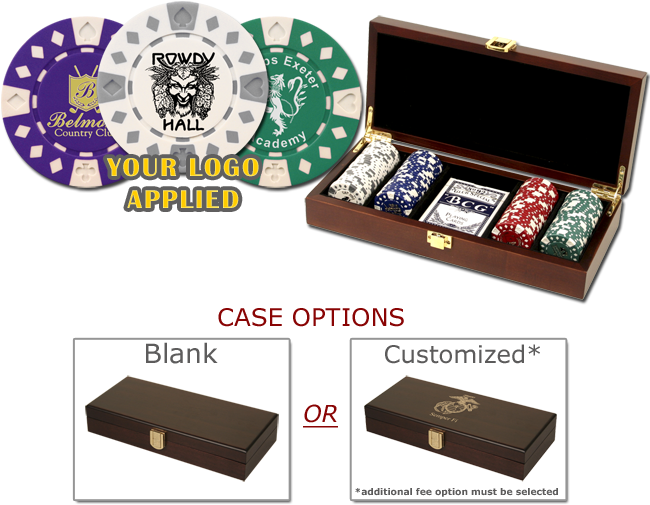 Custom Poker Chip Set With A Single Color Logo/design - 100 Foil Stamped Poker Chips In Wooden Mahogany Ca (650x514)