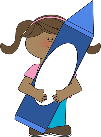 Girl Holding A Blue Crayon - Crayons Clipart (332x450)