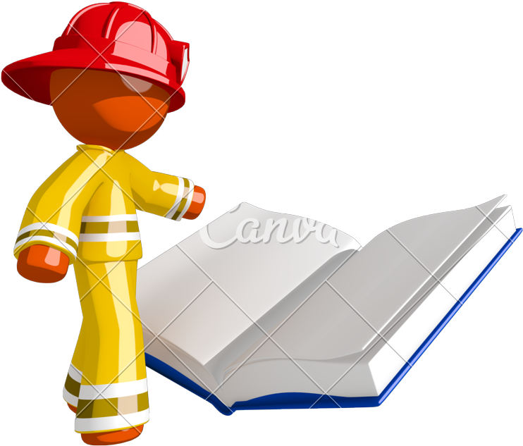 Orange Man Firefighter Reading Regulations Book - Construction Worker (800x712)