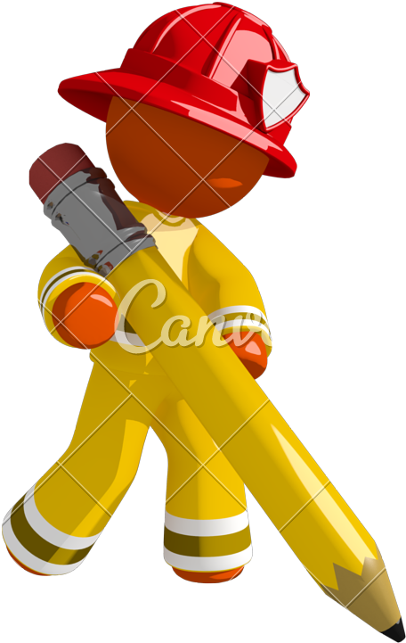 Orange Man Firefighter Drawing With Giant Pencil - Drawing (535x800)
