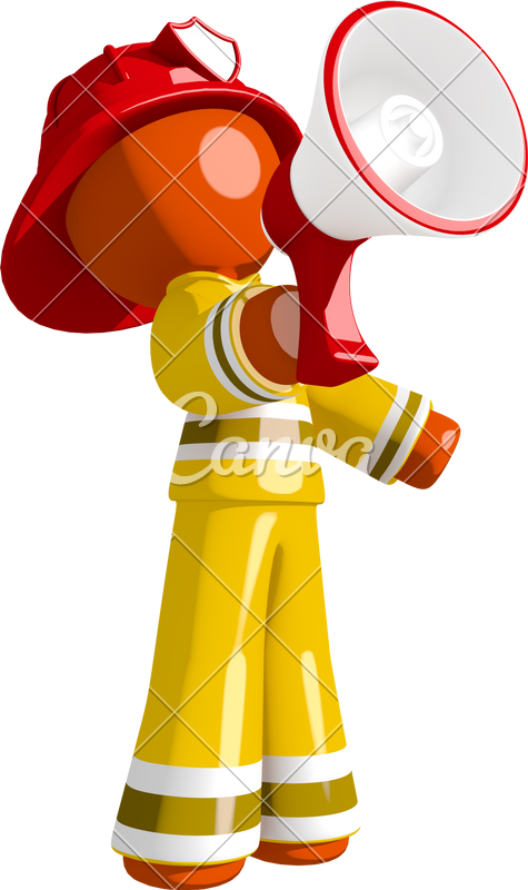 Orange Man Firefighter Shouting Into Megaphone - Cartoon (475x800)