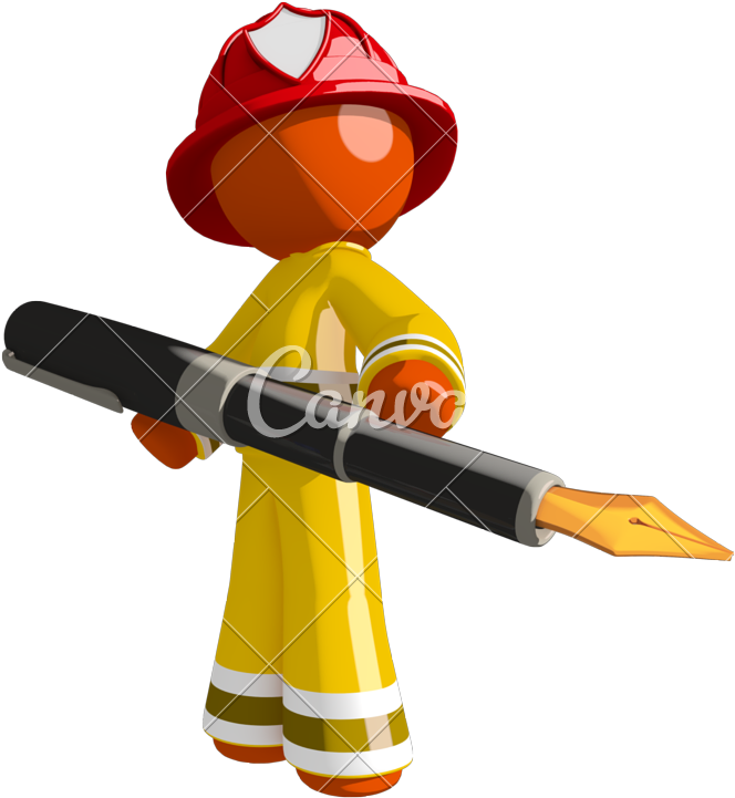 Orange Man Firefighter Holding Large Fountain Pen - Fountain Pen (726x800)