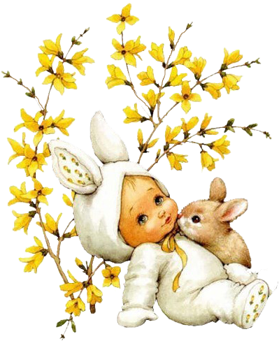 Baby With Bunny And Yellow Spring Flowers Illustration - Easter (424x500)