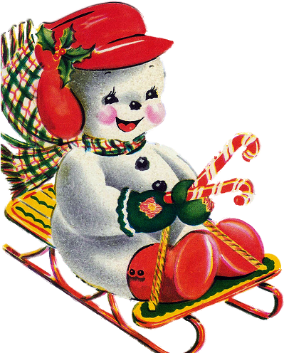 Vintage Snowman On Sled - Vintage Snowman Christmas Cards (405x500)
