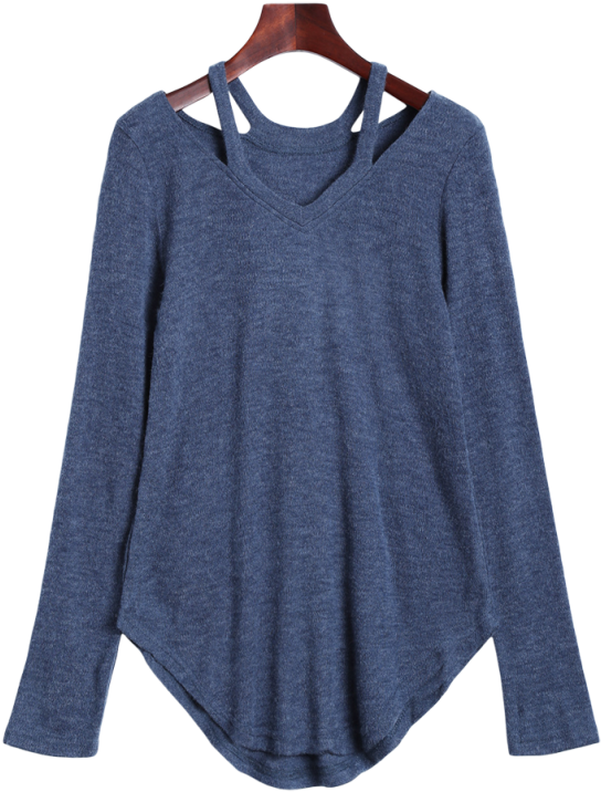 Cut Out Pullover Sweater - Gris Bleuté L Pas Cher Pull À Encolure Découpée (558x744)
