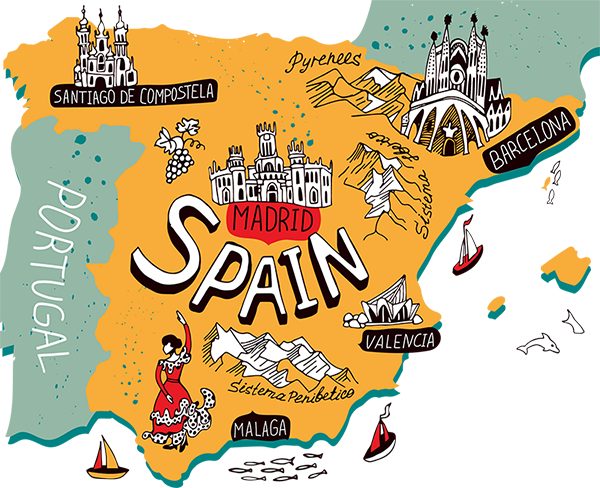 Renting A Property In Spain - Fotoprint: Illustrated Map Of Spain By Daria_i, 61x46cm. (600x488)