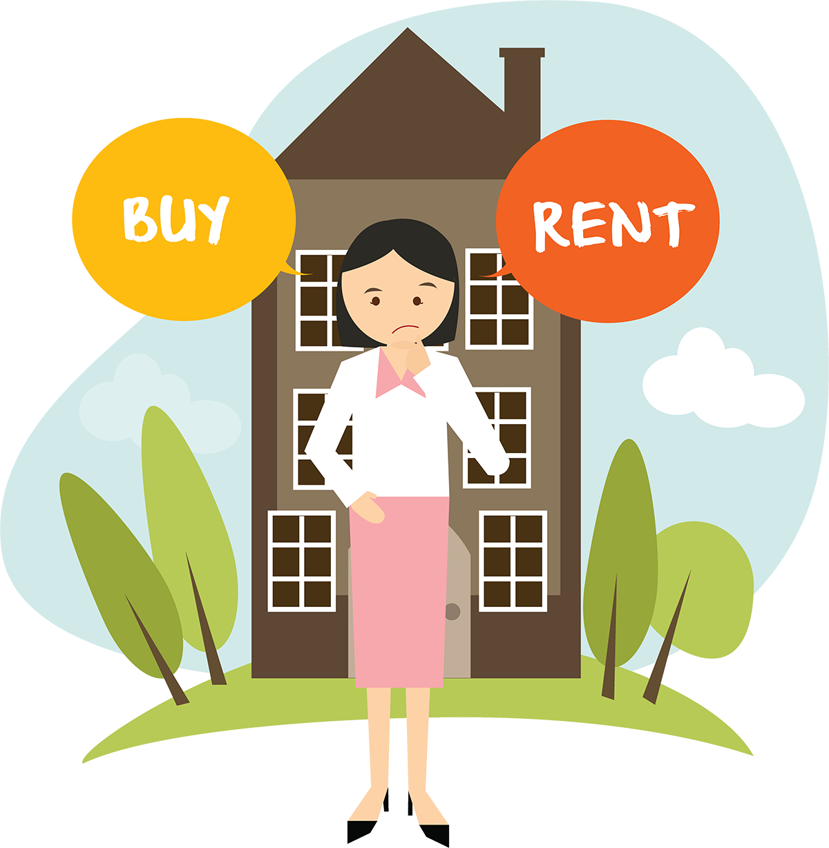 Woman Choosing Between Buying Or Renting A Home - Buy A Home Drawing (1200x1228)