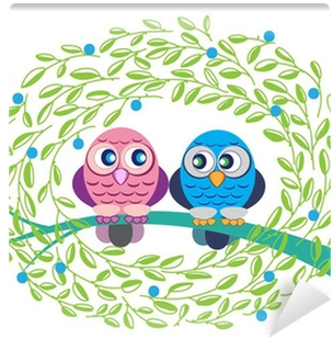 Couple Owls Sitting On Branch - Cartoon (400x400)