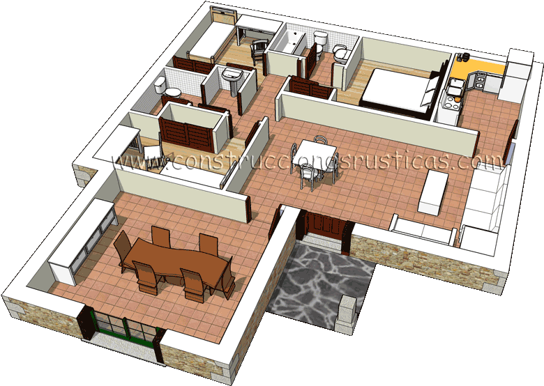 3d De Distribución Interior De Casa Rústica De Planta - Diseño De Casa De Una Planta (800x571)