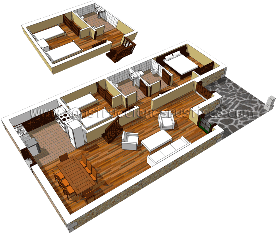 3d De Distribución De Casa Rústica De Piedra Con Bajo - Distribucion De Casas Pequeñas (918x768)