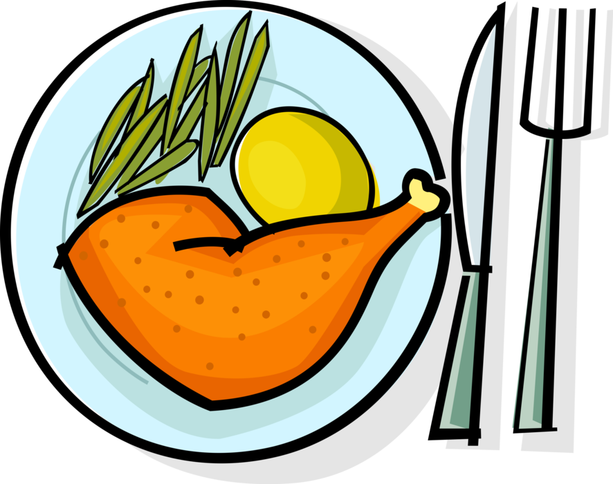 Vector Illustration Of Roast Chicken Leg With Potato - Vegetables In Plate Clipart (886x700)
