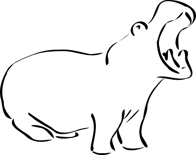Simple, Outline, Open, Mouth, Art, Hippo, Yawning - Outline Of A Hippo (640x509)