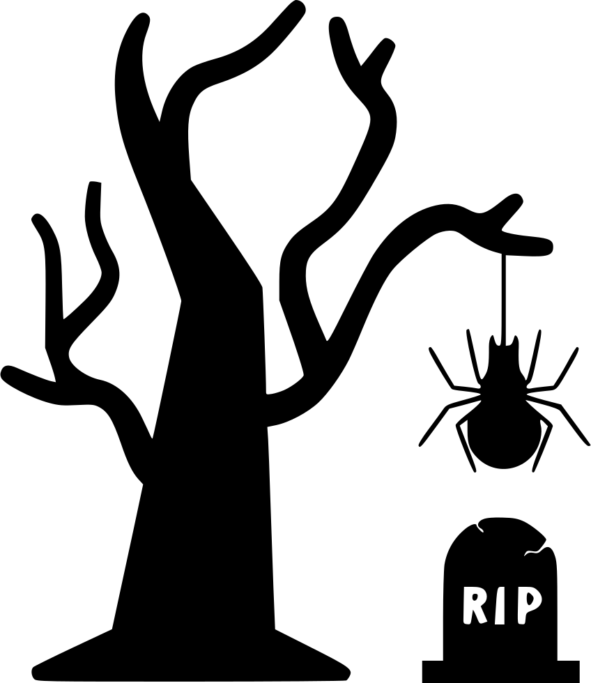 Tree Bug Net Spider Hanging Halloween Rip Grave Comments - Glückliches Halloween Mit Mond Und Friedhof Karte (848x980)
