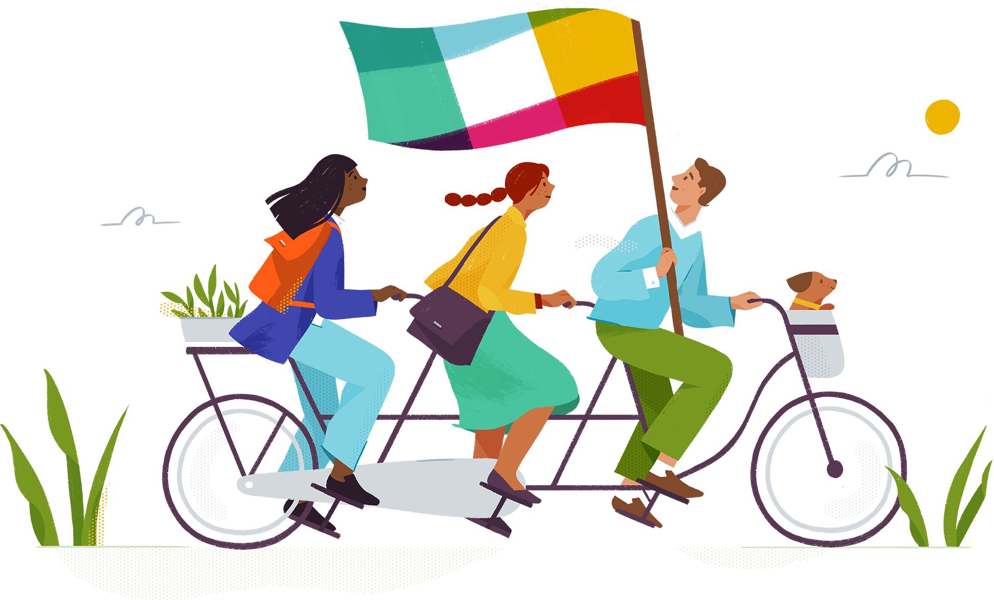 Illustration Of Three People Riding On A Tandem Bicycle - Alice Lee Illustration (1950x1178)