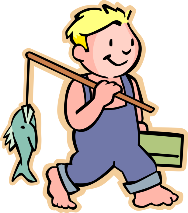 Vector Illustration Of Barefooted Primary School Boy - Boy With A Fishing Rod (618x700)