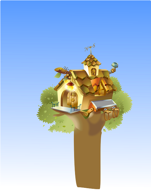 Playing, Tree, Tree House, Bird House - House On Tree Cartoon (492x640)
