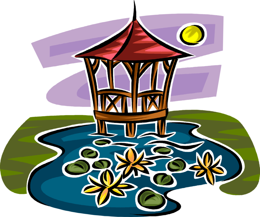 Vector Illustration Of Gazebo In Garden Pond With Lily - Gazebo Vector (837x700)