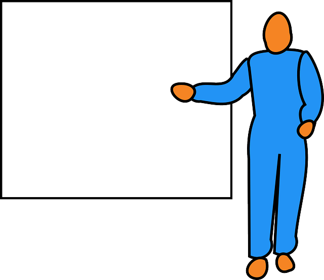 Blue Figure, Man, Pointing, Screen, Whiteboard, Blue - Presenter Clipart (640x554)