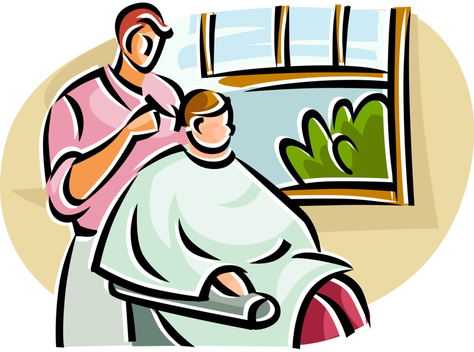 Vector Illustration Of Customer Gets Haircut From Barber - Hair Cutter Man Clipart (942x700)