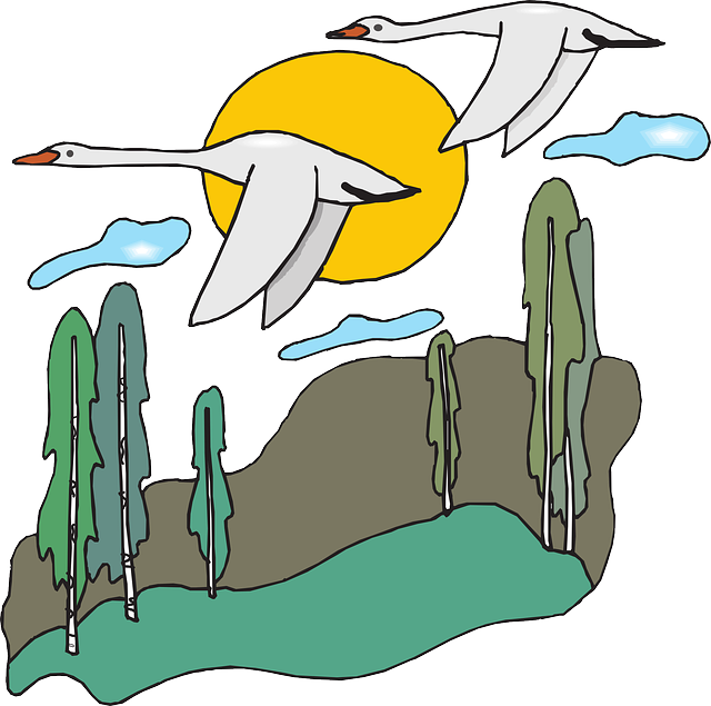 Free Nature Scene Clip Art - Migration Of Birds Cartoon (640x635)