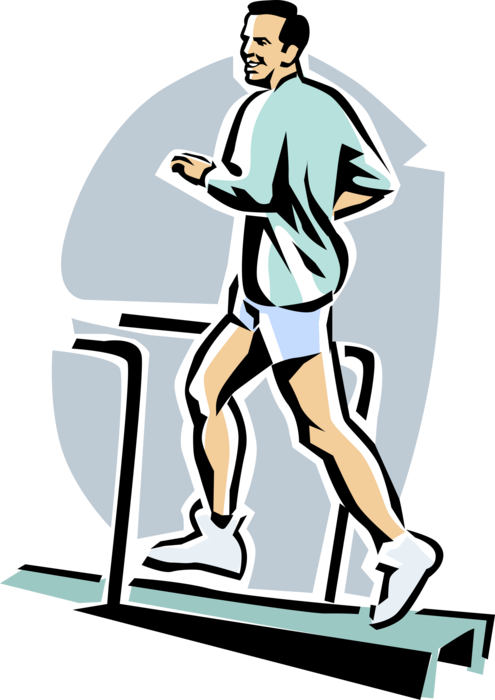 Vector Illustration Of Fitness And Exercise Workout - Cartoon Man Running Treadmill (495x700)