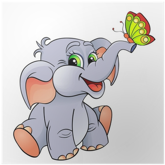 Funny Cartoon Baby Elephant With Butterfly Poster • - Слон Мультяшный (400x400)