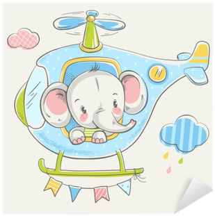 Cute Little Elephant On A Helicopter Cartoon Hand Drawn - Drawing (400x400)