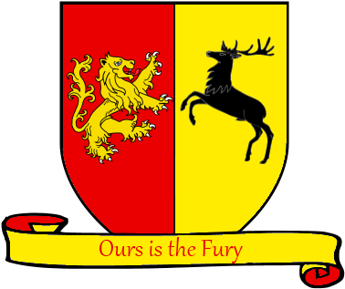 A Coat Of Arms Showing A Gold On Red Lion And A Black - Baratheon Coat Of Arms (390x320)