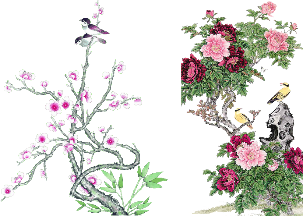 Chinese Painting Bird And Flower Painting Silk Hanging - Transparent Fond Rond Png (1008x800)