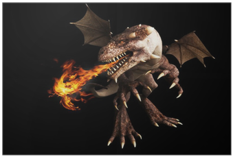 Fire Breathing Dragon On A Black Background Poster - Dragon (400x400)