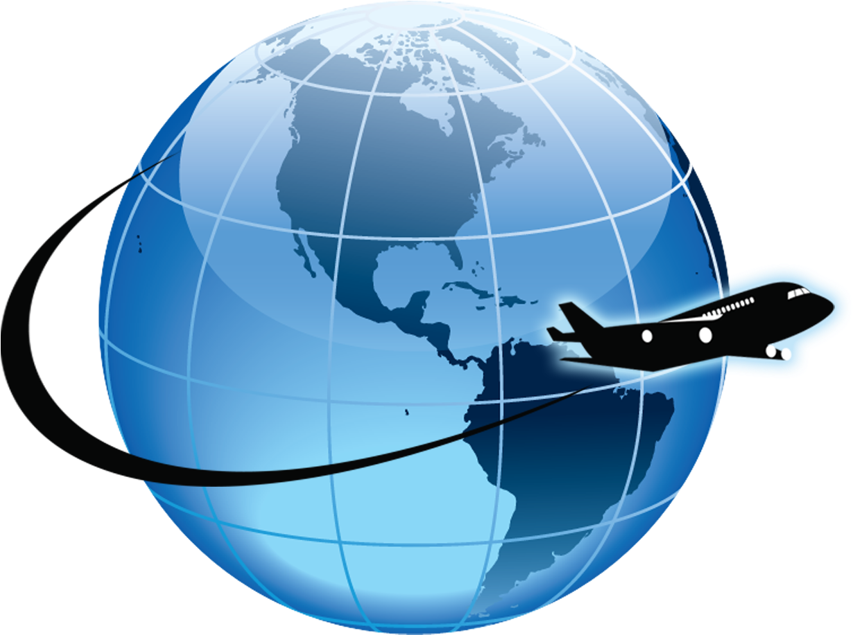 Blue Colored Logo Of The Globe With A Small Black Aeroplane - Blue Colored Logo Of The Globe With A Small Black Aeroplane (1402x1220)