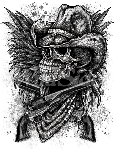 Skull Cowboy, Guns, Wings - Cowboy Skull Cross Hand Gun Pistol Western Hat Country (525x525)