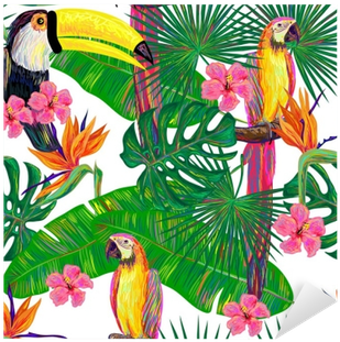 Seamless Jungle Pattern With Toucan And Parrot Exotic - Fond Ecran Exotique (400x400)