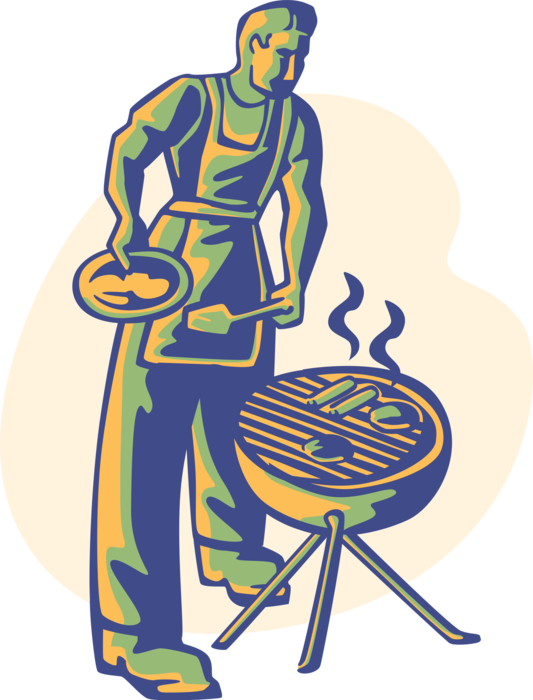 Vector Illustration Of Outdoor Chef Cooks Hotdog On - Grillaften (533x700)