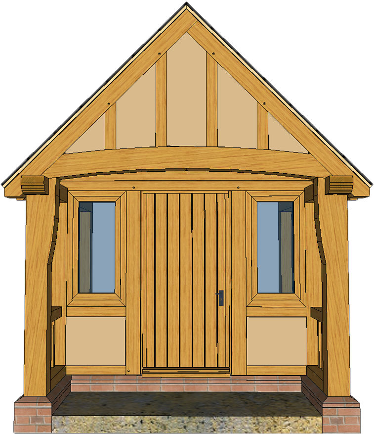 3d Front Of Large Oak Porch With Jowl Posts - Wooden Frame House Png (786x911)