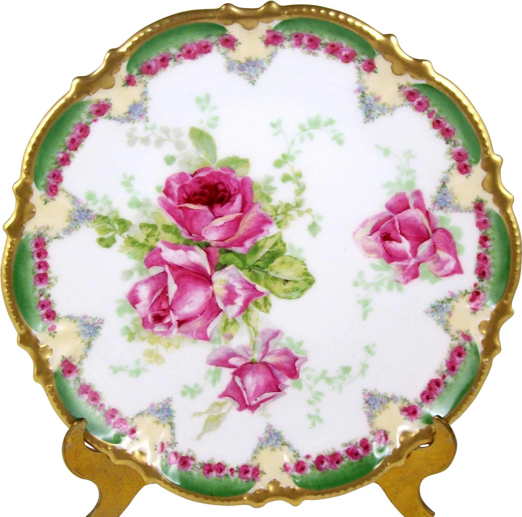 Antique Coronet Limoges Plate Pink Roses Green Border - Rose (1791x1791)