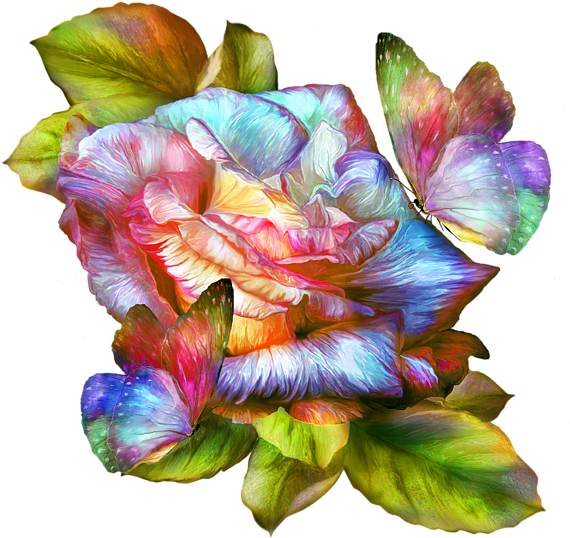 Rainbow Rose And Butterflies By Carol Cavalaris - Rainbow Rose (600x600)