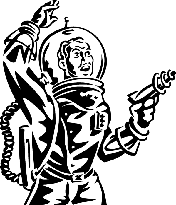 Vector Illustration Of Science Fiction Space Astronaut - Astronaut With Ray Gun Cartoon (599x700)