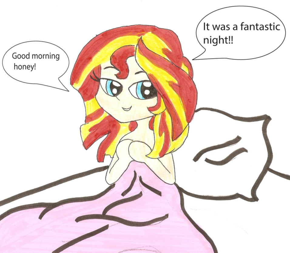 Bed, Equestria Girls, Happy, Implied Sex, Looking At - Sunset Shimmer After Sex (956x835)