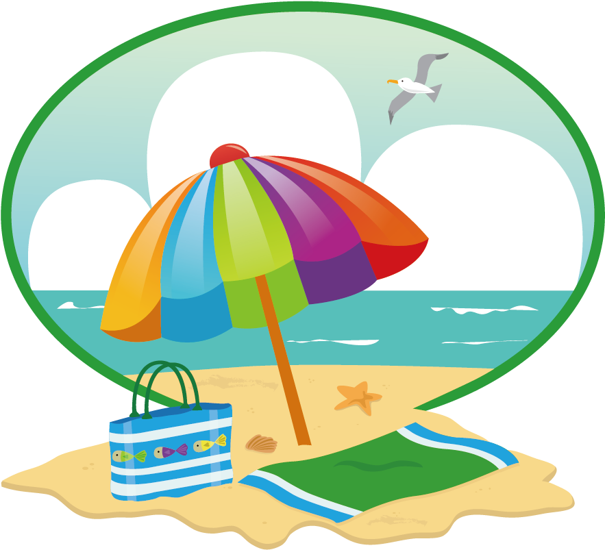Летний логотип. Пляж иллюстрация. Зонтик на пляже. Летние атрибуты. Векторное изображение пляж.