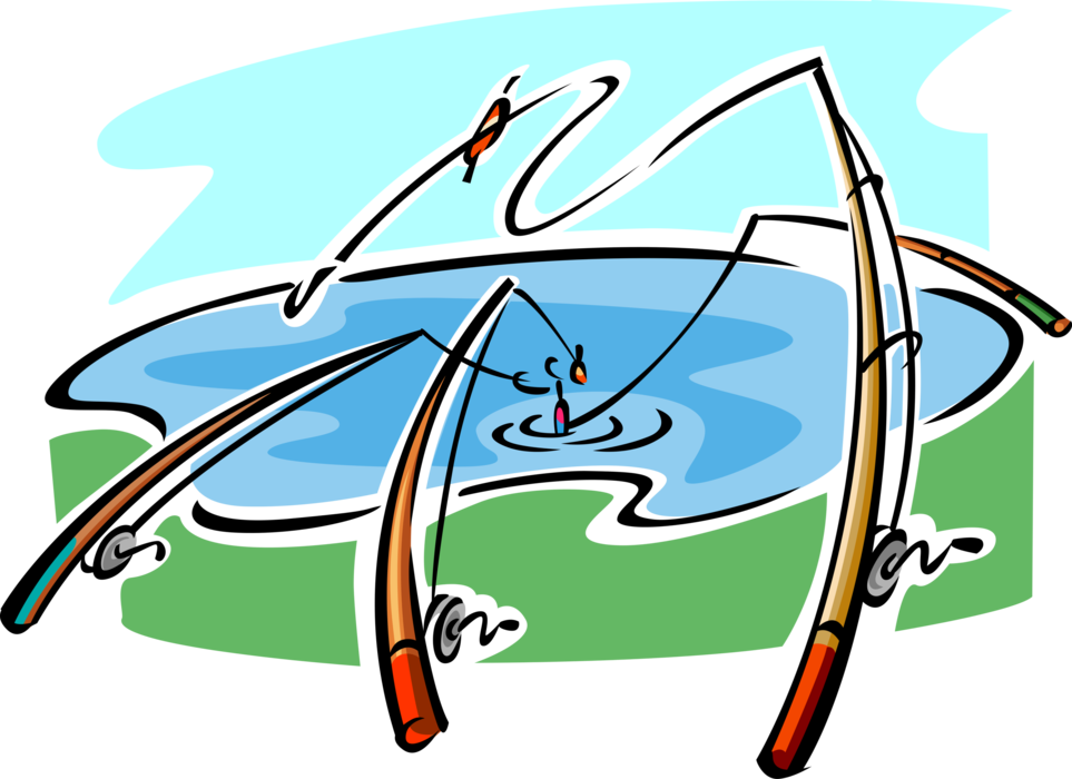 Vector Illustration Of Fishing Rods With Lines In Water - Vector Illustration Of Fishing Rods With Lines In Water (963x700)