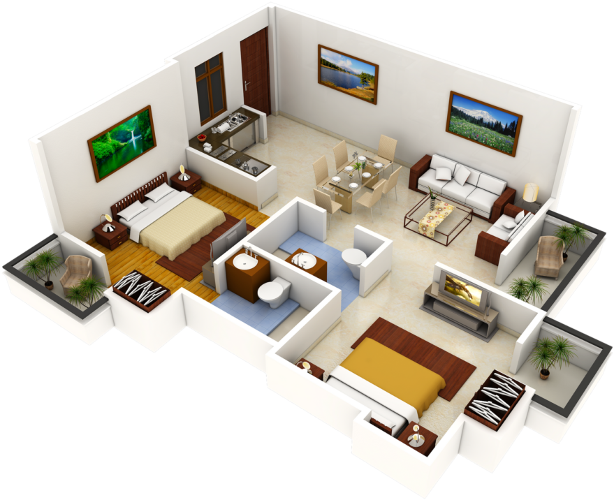 Luxury 2 Bedrooms Apartment Design Idea Come - Interior Design 3d Plan (972x729)