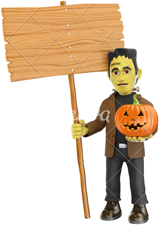 Frankenstein With A Blank Wooden Sign And A Pu - White (615x800)